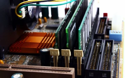 Detailed view of computer motherboard featuring RAM, chipset, and wiring.