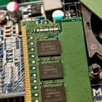 Detailed view of RAM and circuit board components in a computer setup.