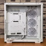 Sleek white computer case showcasing cooling fans, perfect for custom PC builds.