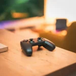 A cozy indoor scene with a video game controller on a desk, perfect for gaming enthusiasts.