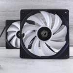 Square computer cooling fans with white blades on a gray background.